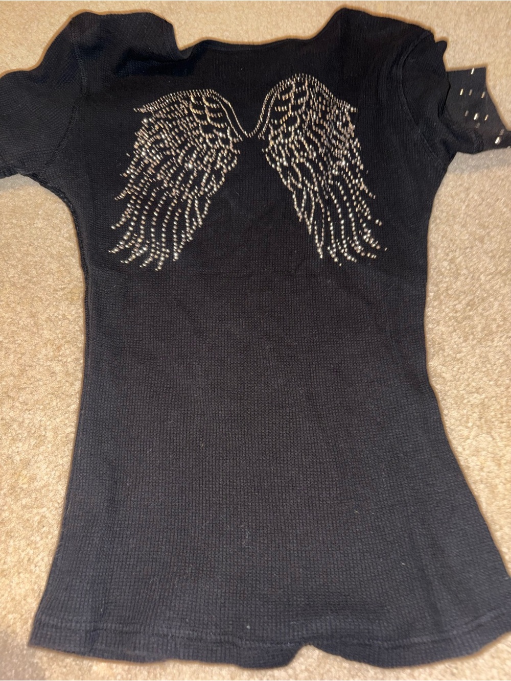 Vintage Y2K Angel Wing Rhinestone Top Black Large